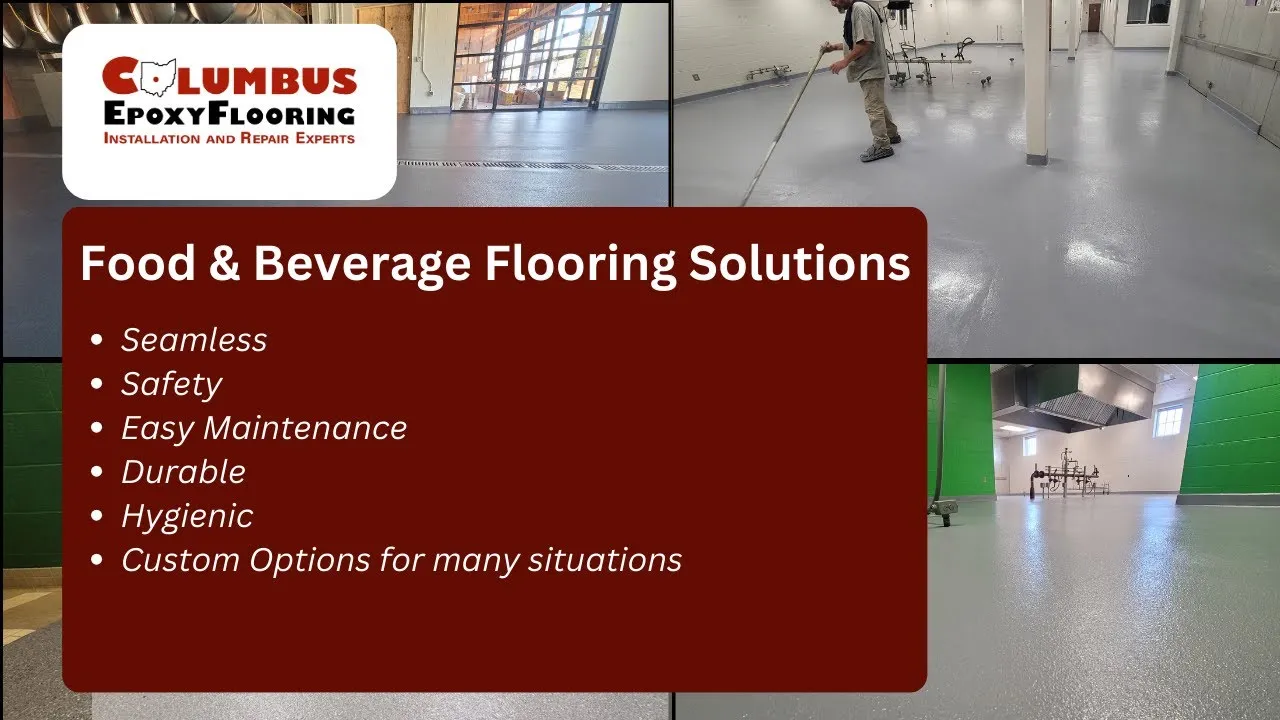 Our resinous floor coatings offer many benefits for food and beverage facilities in areas such as bottling areas, breweries/distilleries, freezers, food processing areas, and commercial kitchens to name a few.

BENEFITS:
- Easier cleaning
- Heavy duty & durable
- Enhanced visibility 
- Antimicrobial
- Custom slip resistance options
- Chemical resistant
- Seamless options
- Many aesthetic options
- Low maintenance

To find out more please visit  https://columbusepoxyflooring.com/